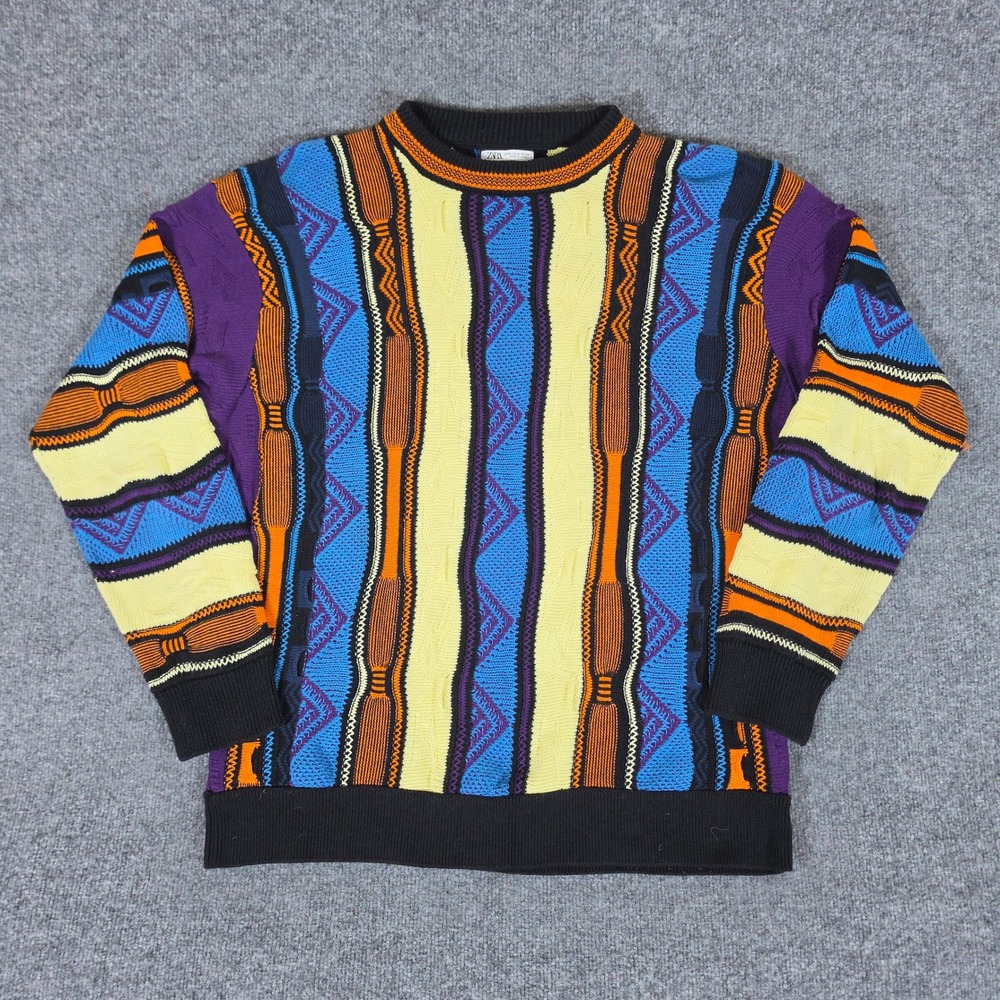 Zara Mens XL Coogi Style Textured Knit Sweater Multicolor 100% Cotton 3D Pattern